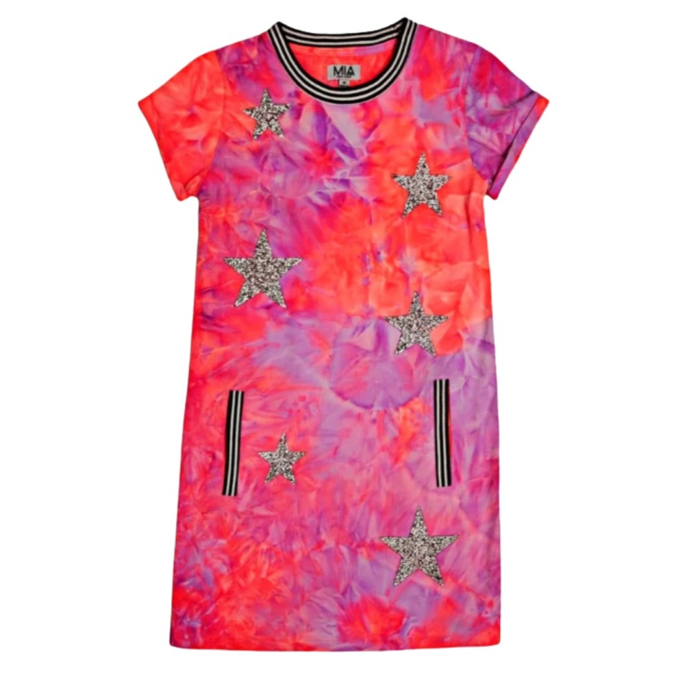 MIA NY Pink and Orange neon rhinestone star Dress girls size Large NWT